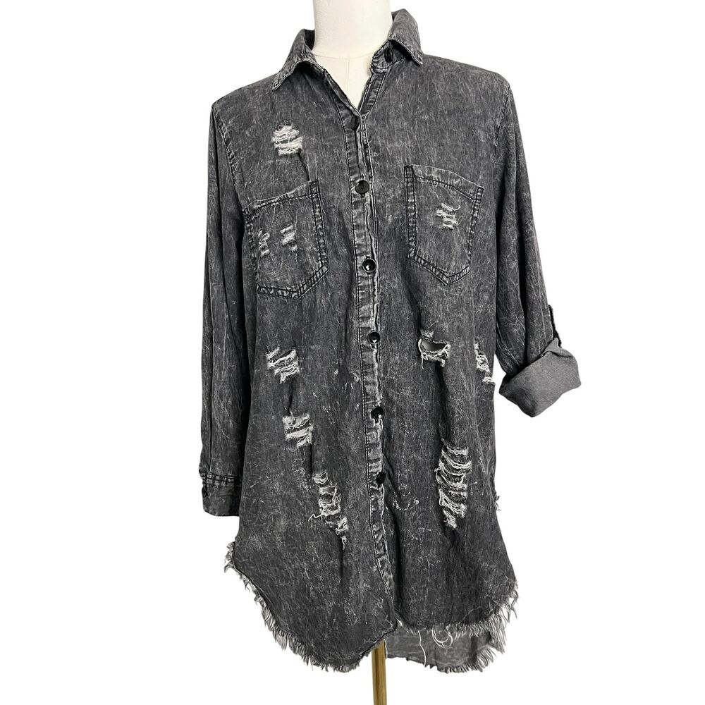 Thrill Jeans Shirt Dress Womens Large Gray Distressed Blessed Grateful Thankful - Picture 7 of 9